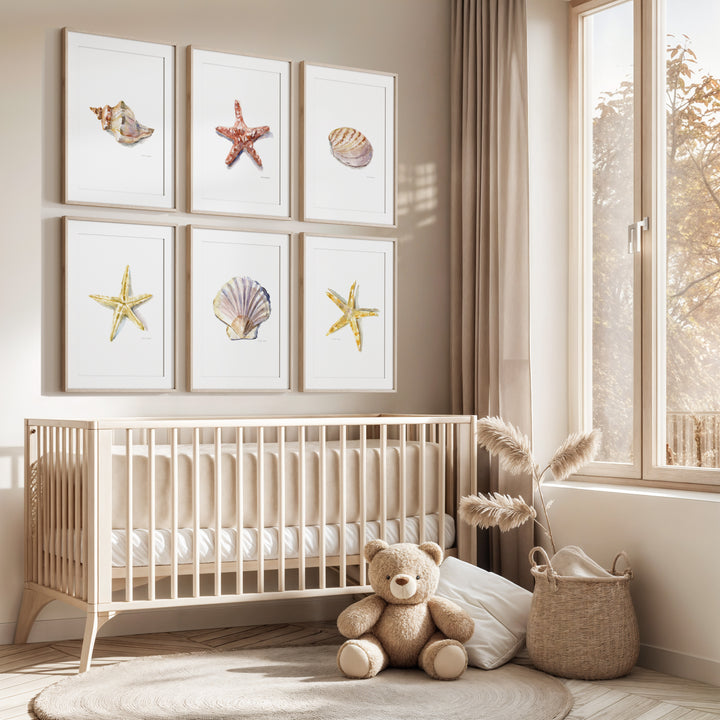 Nursery room with a crib, teddy bear, and decorative wall art.