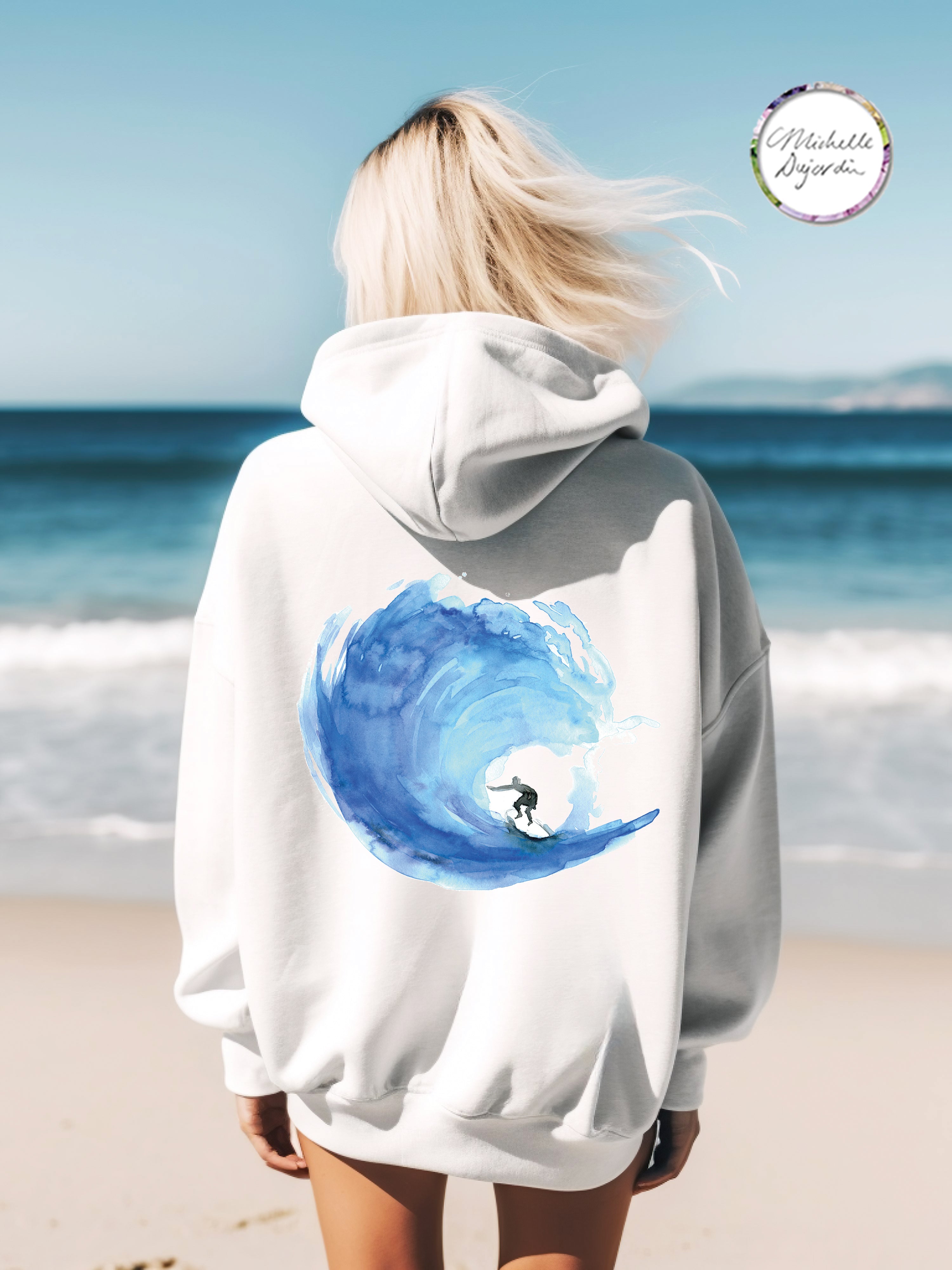 【WIND AND SEA】SEA Hoodie／White-Blue White Surf Hoodie – Blue Wave Watercolor by Michelle Dujardin