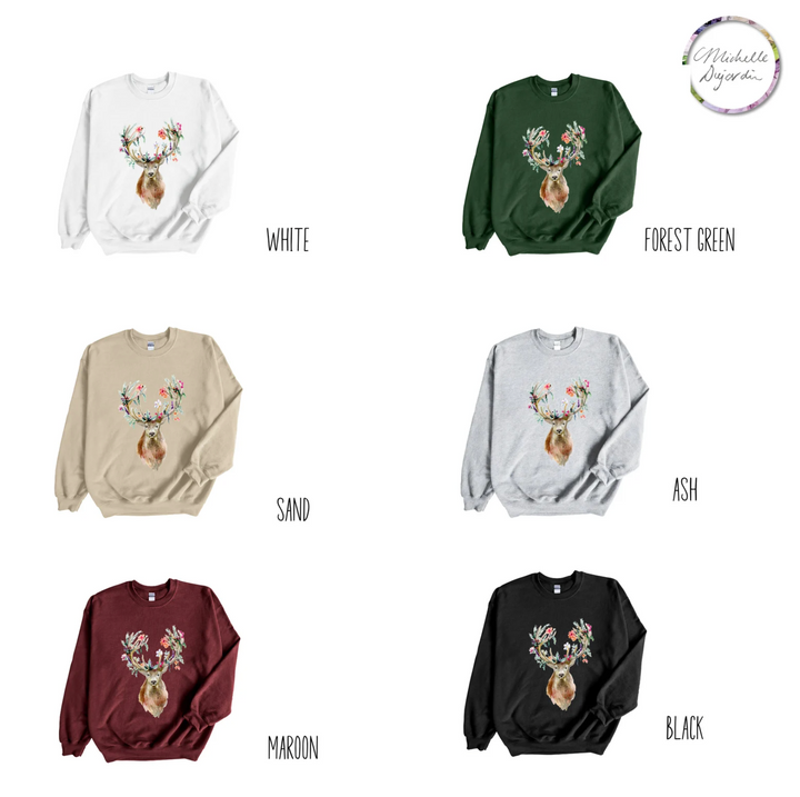 Collection of sweatshirts in different colors with a floral deer design on a white background.