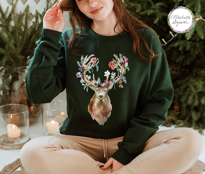 Groene herfst en wintertrui met hert voor de feestdagen van Michelle Dujardin