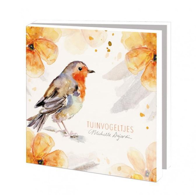 Set wenskaarten van Nederlandse tuinvogels met bloemen, geschilderd door Michelle Dujardin