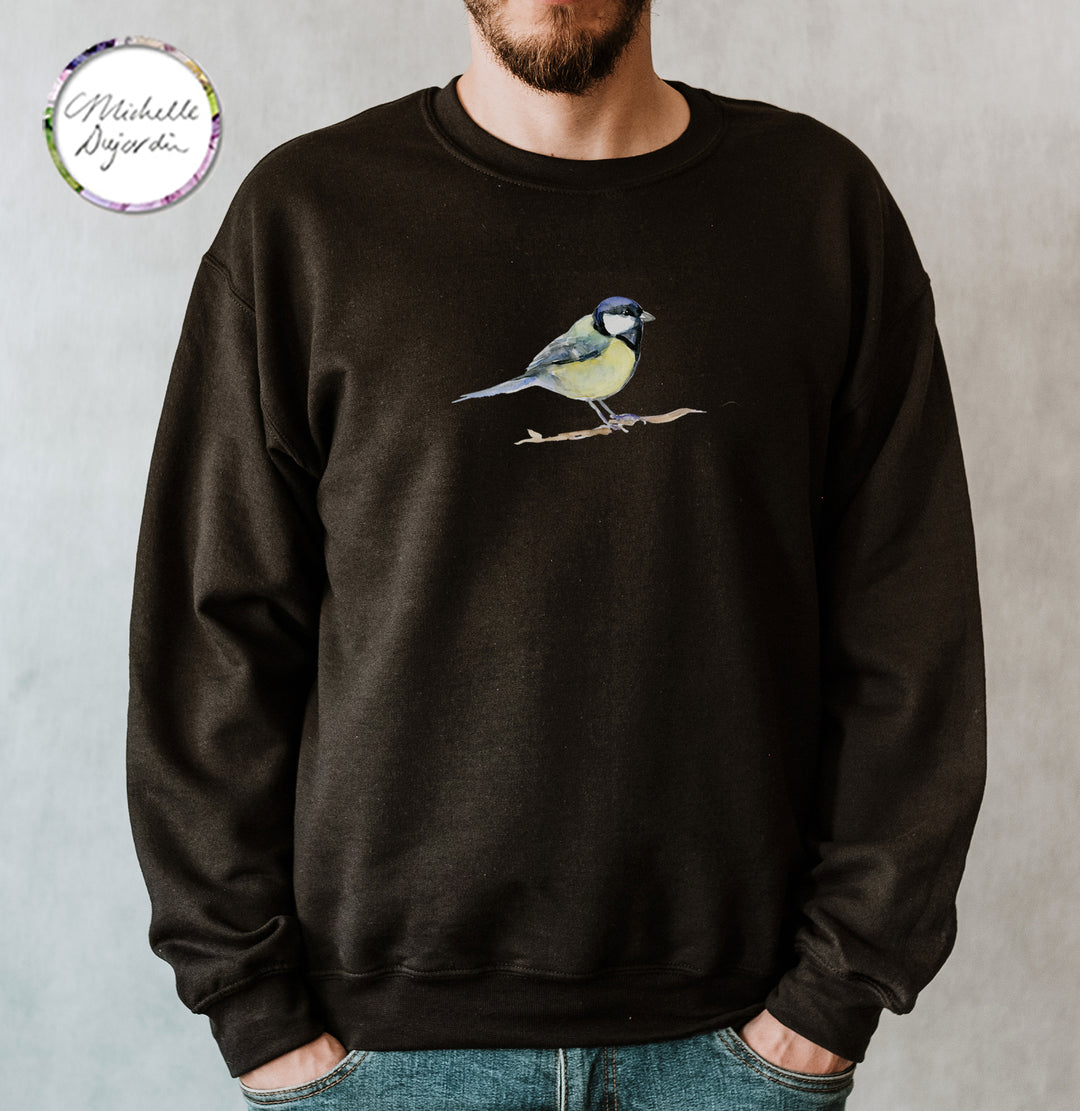 Zwarte trui met koolmees print op de borst