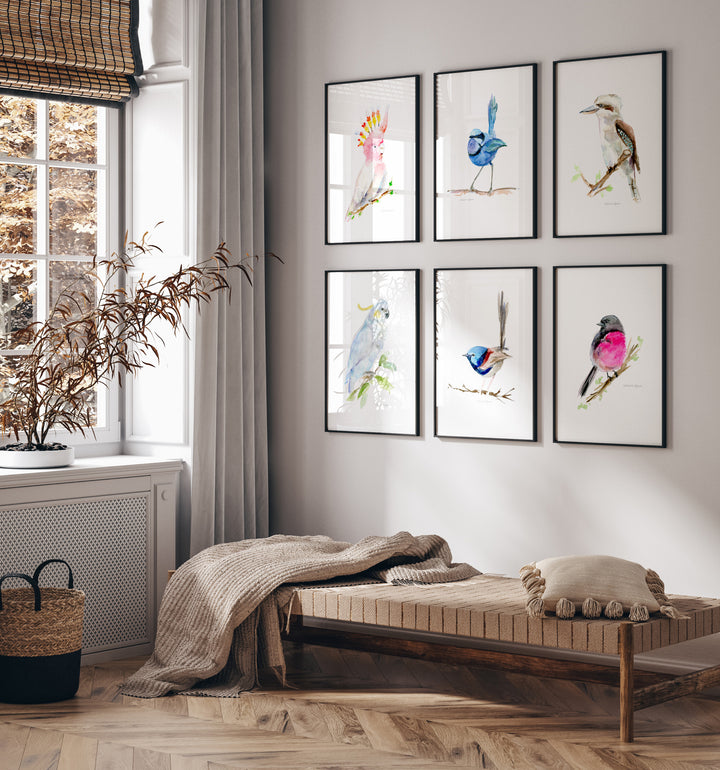 Interieur met een set van 6 ingelijste vogelprints