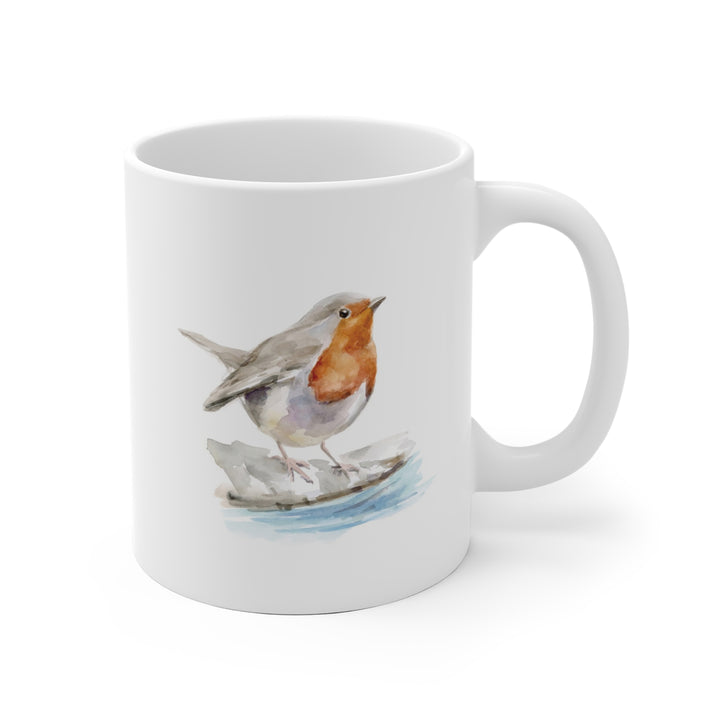 Witte mok met vogel op witte achtergond