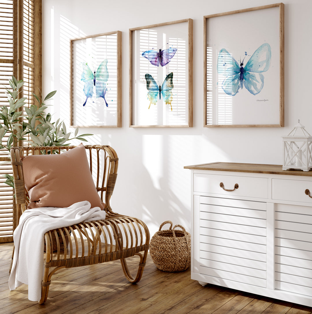 Set van 3 Blauwe Aquarel Vlinders