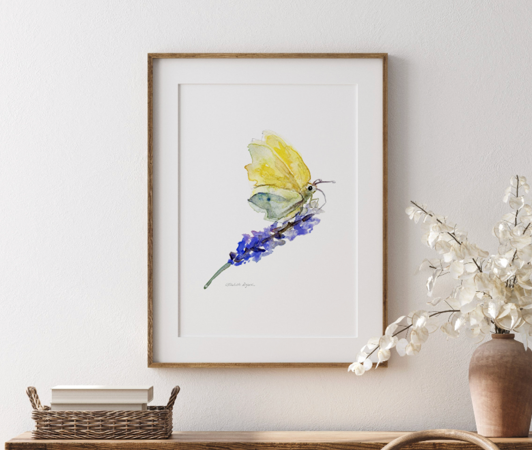 Aquarel schilderij van een citroenvlinder op lavendel, geschilderd door Michelle Dujardin
