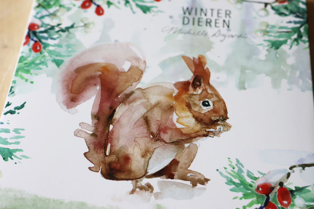 Wenskaarten 'Winterdieren' met eekhoorn (2025, ism natuurmonumenten) van Michelle Dujardin