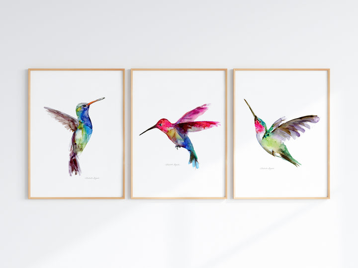 Kolibrie aquarel print set - Blauw, Groen en Roze