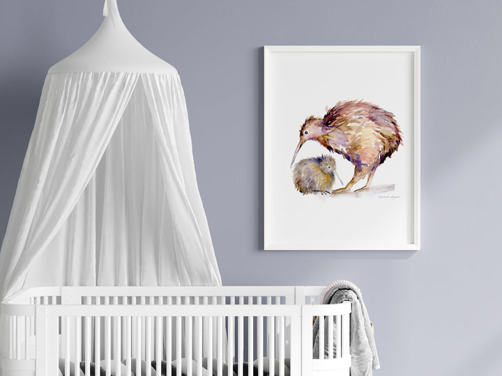 Kiwivogel en Kuiken Fine Art Print (verticaal)
