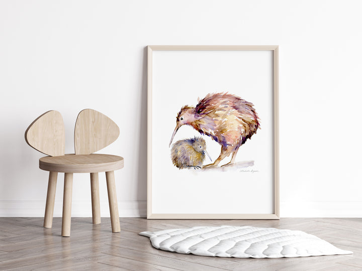 Kiwivogel en Kuiken Fine Art Print (verticaal)