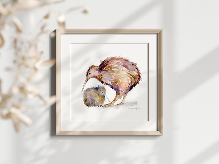 Kiwivogel en Kuiken Fine Art Print (verticaal)