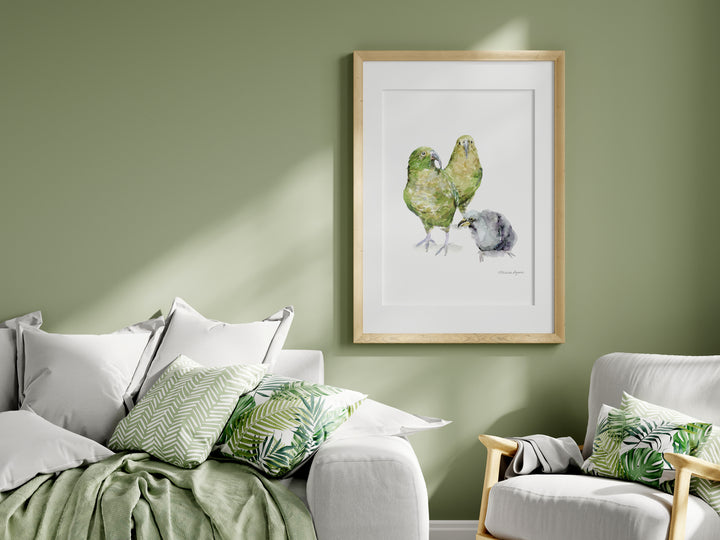 Living room with a framed artwork of Kea birds on a green wall