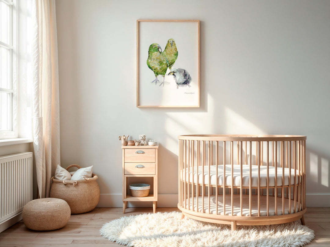 Nursery room with wooden crib, kea bird painting and side table, and decorative items.