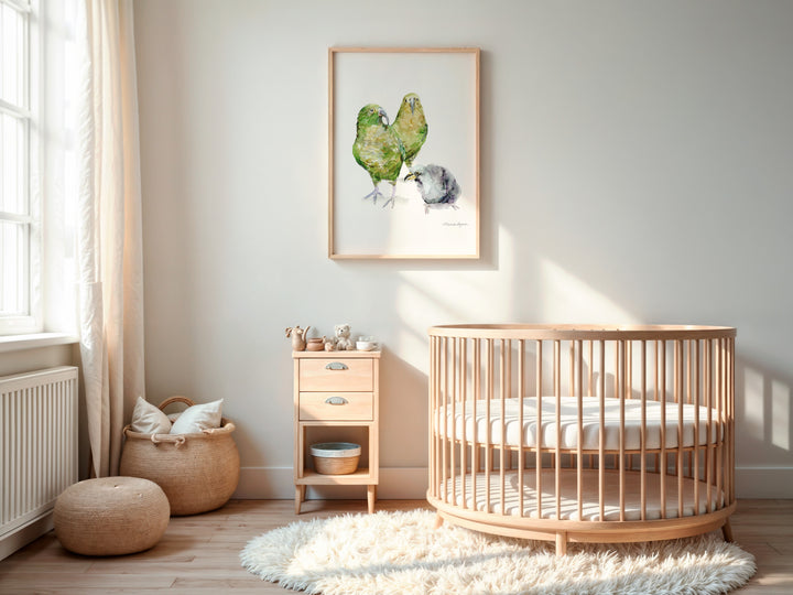 Nursery room with wooden crib, kea bird painting and side table, and decorative items.