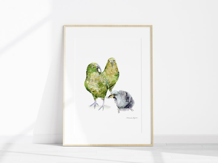 Framed artwork of two parrots on a white background