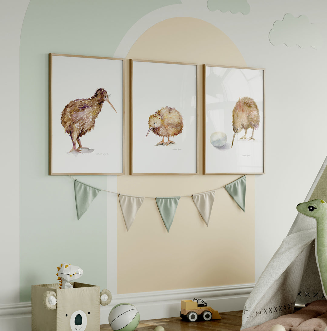 3 lijsten aan de muur met kiwi vogel prints