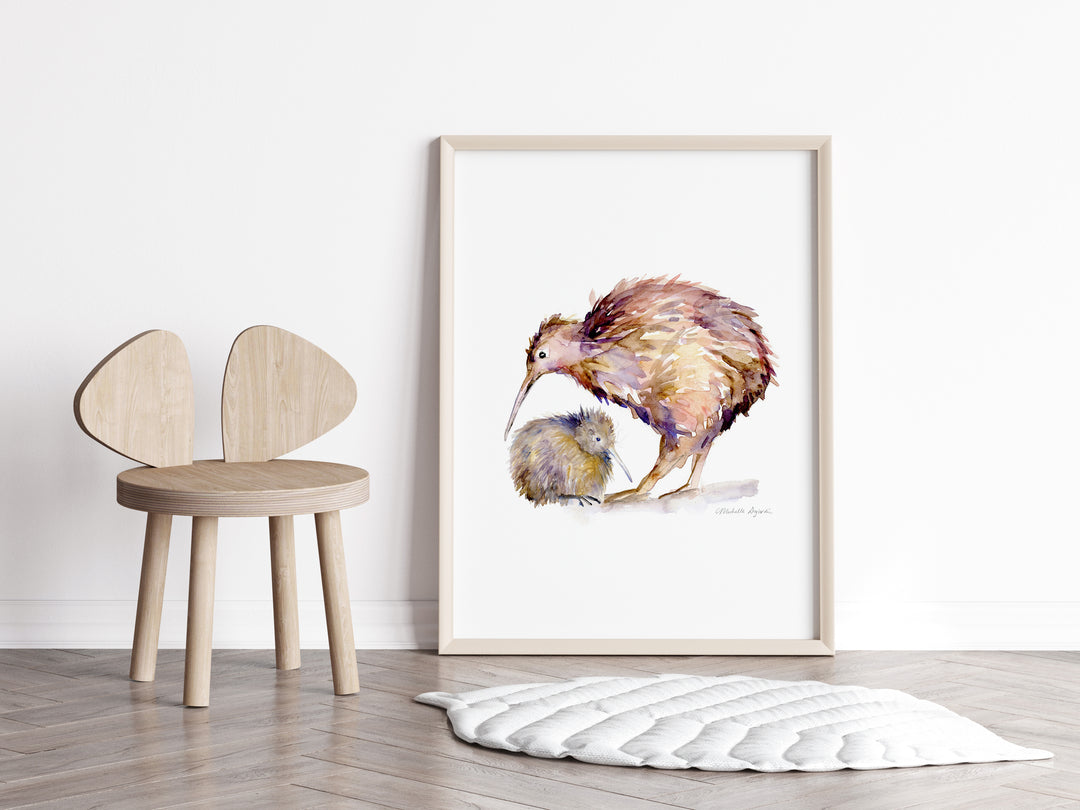 kinderkamer met kunst print van een kiwi vogel familie van Michelle Dujardin