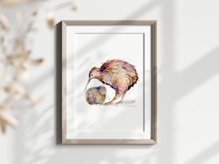 Kiwivogel en Kuiken Fine Art Print (verticaal)