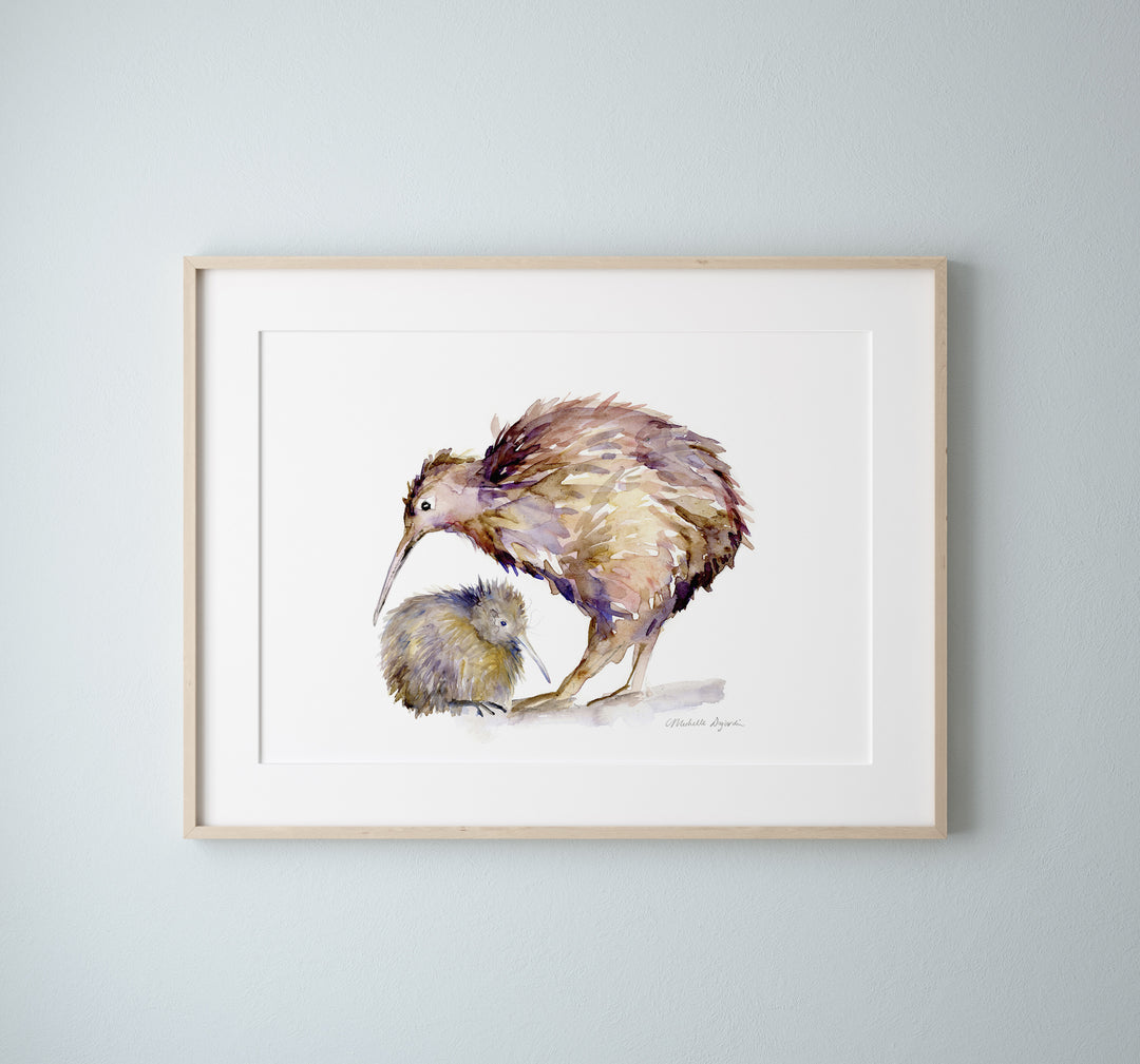 Framed artwork of a kiwi bird and a baby kiwi on a light gray blue background