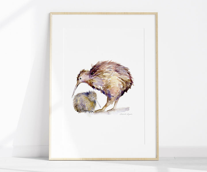 Ingelijst werk an kiwi vogel met jong