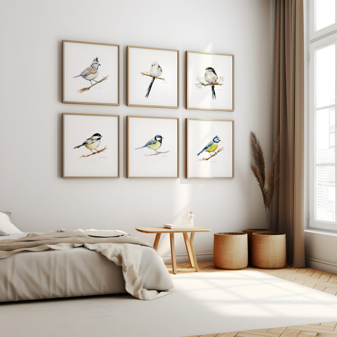 slaapkamer met ingelijste prints van mezensoorten