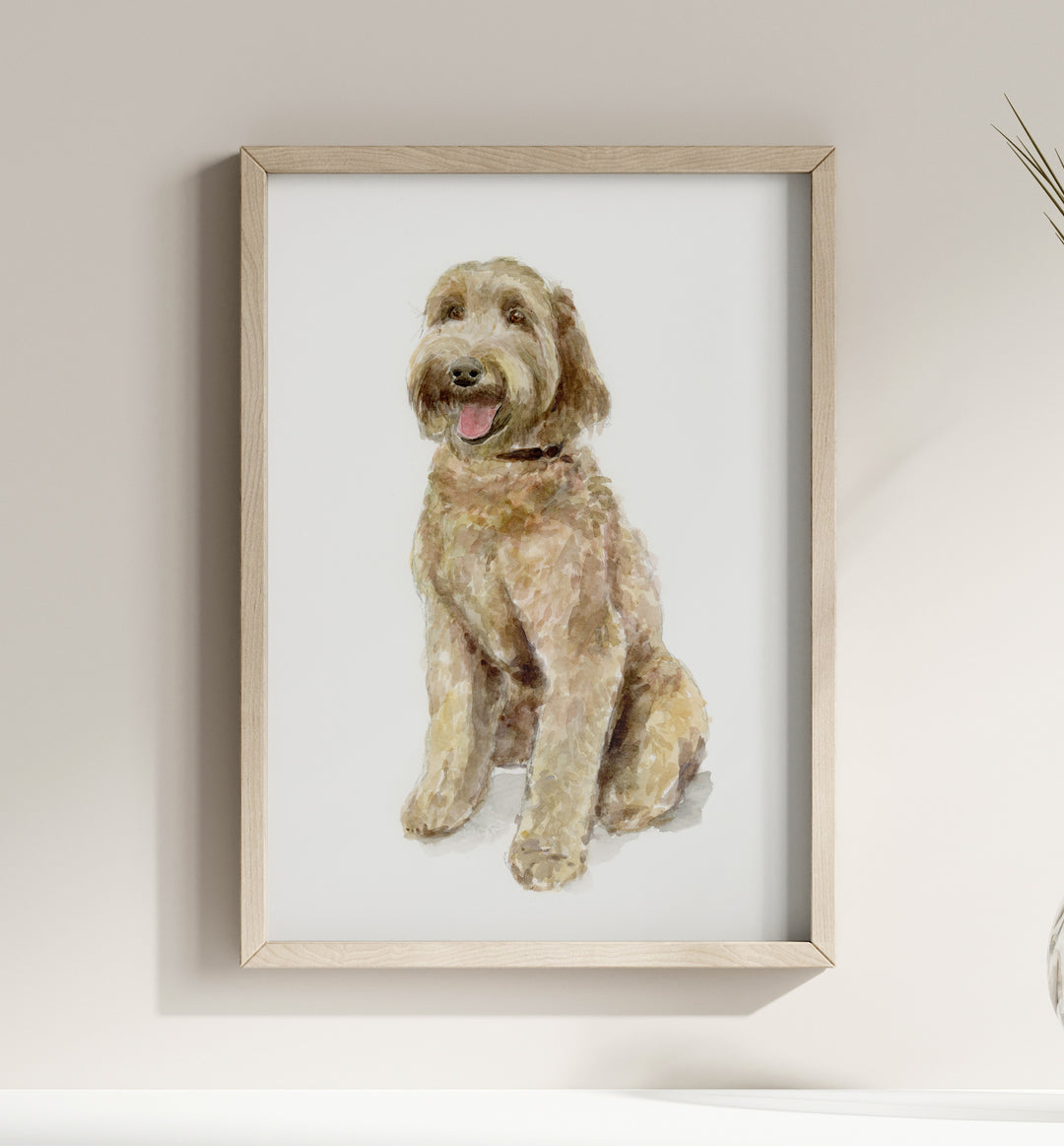 Framed artwork of a dog on a white wall