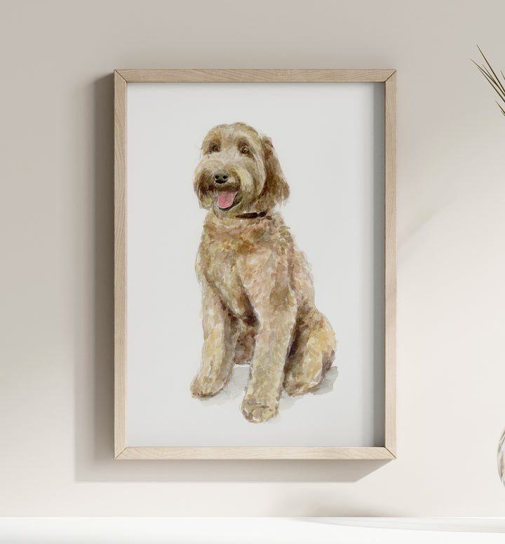 Framed artwork of a dog on a white wall