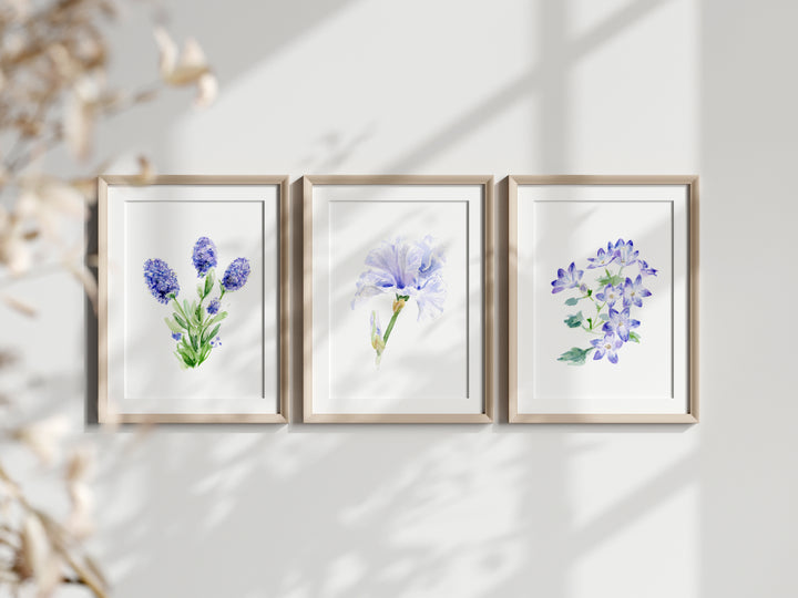 Three framed purple lilac floral prints on a light gray wall with decorative elements.