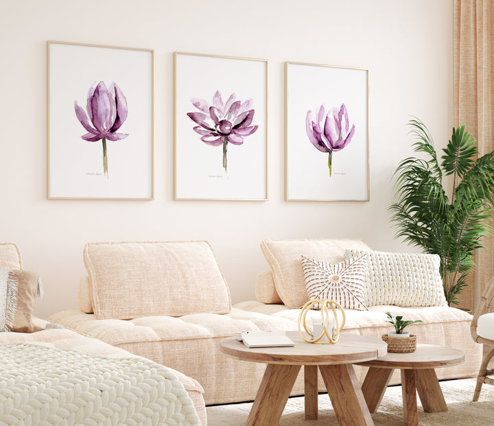 Set of 3 magenta lotus watercolor prints