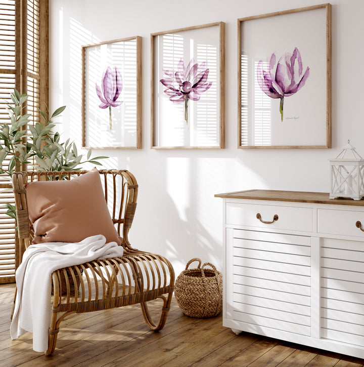 Set of 3 magenta lotus watercolor prints
