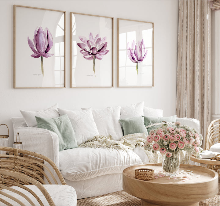 Set of 3 magenta lotus watercolor prints