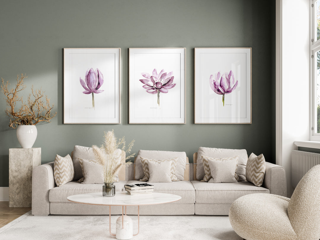 Set of 3 magenta lotus watercolor prints