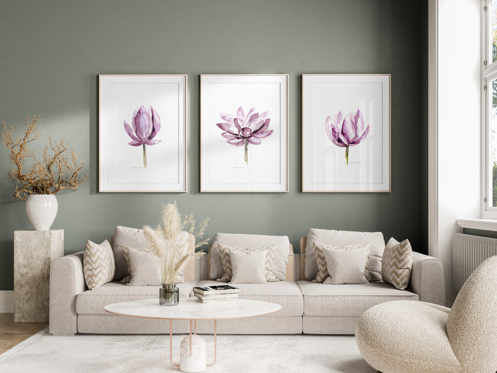 Set of 3 magenta lotus watercolor prints