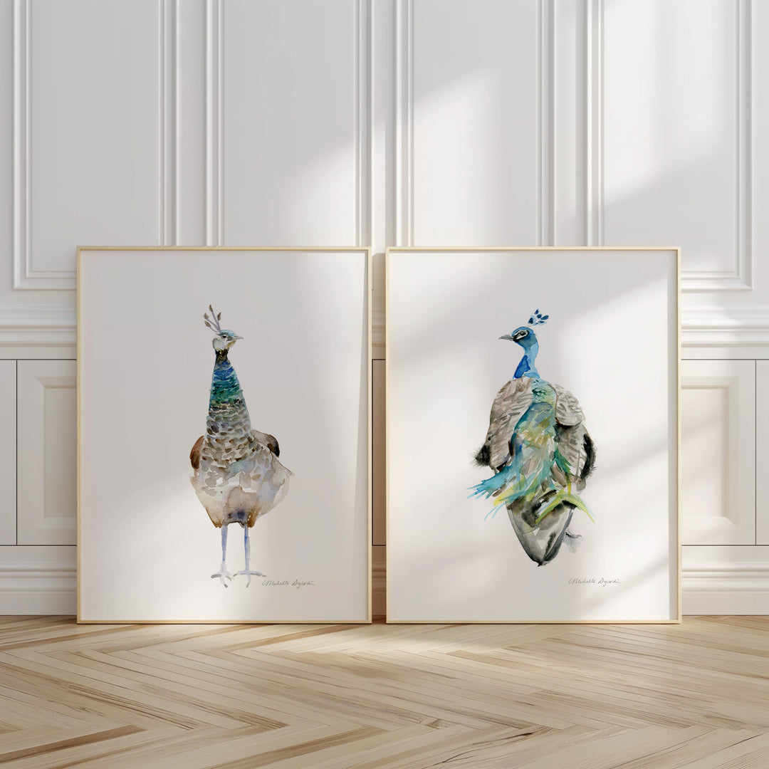 Parketvloer met twee lijsten met dunne gouden rand en pauw illustraties