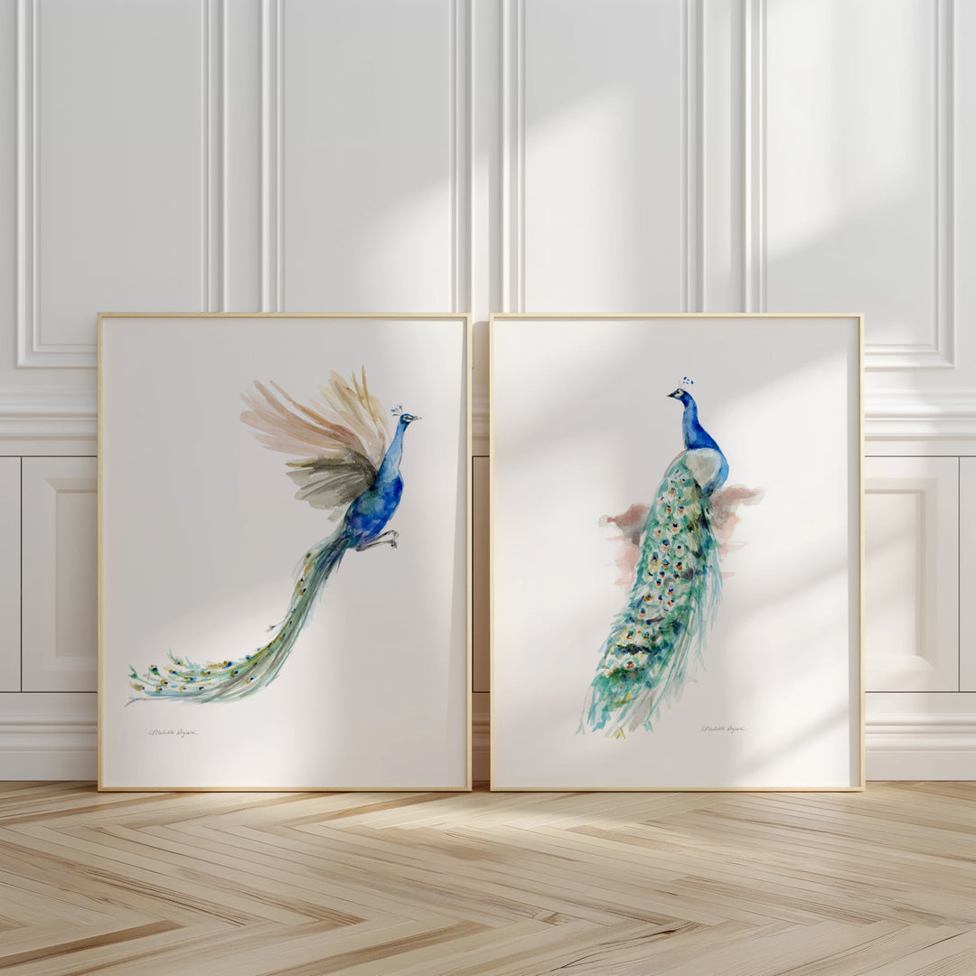Twee ingelijste prints met pauwen kunst