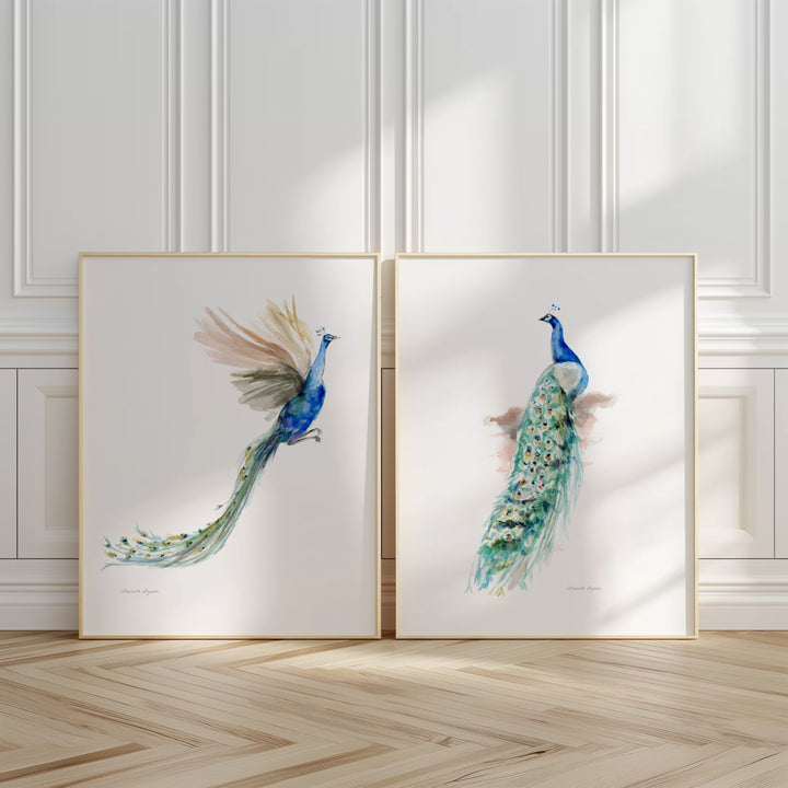 Twee ingelijste prints met pauwen kunst