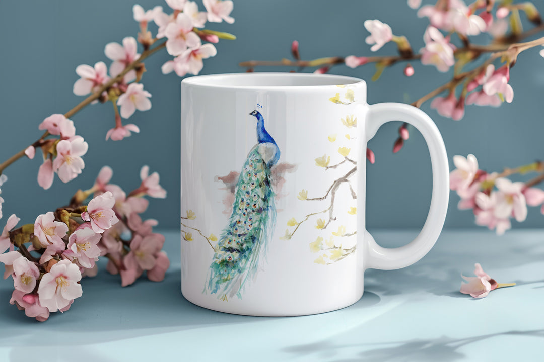 Witte mok met Pauw illustratie en roze bloemen