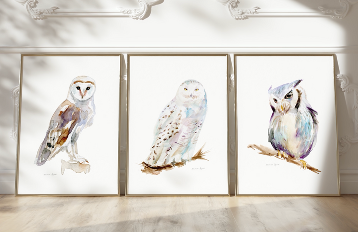 Set of 3 owl watercolor prints