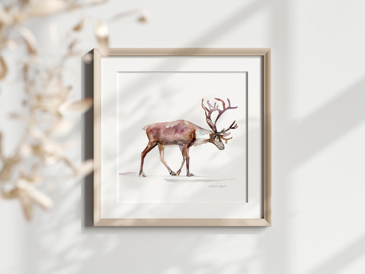 Framed artwork of a reindeer on a white background
