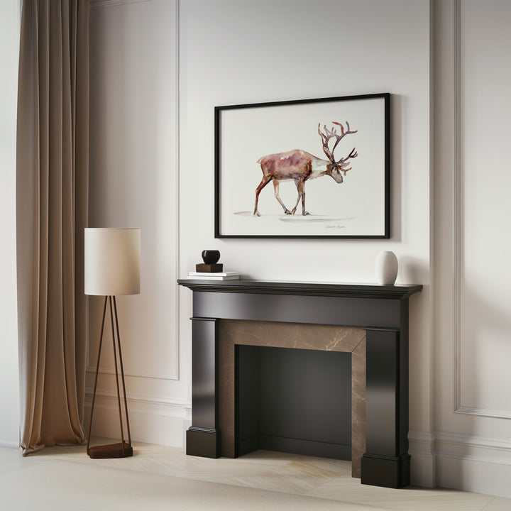 schouw met grote poster van een rendier aquarel