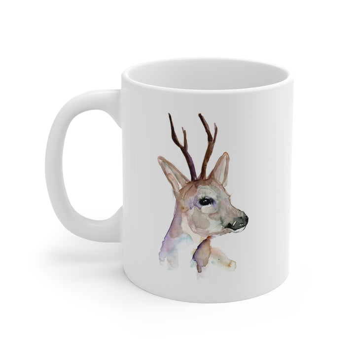 White mug with a deer illustration on a white background