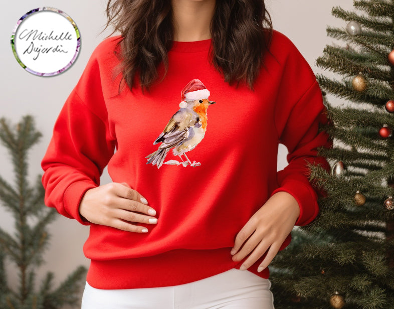 Grappige kersttrui met roodborst en kerstmuts