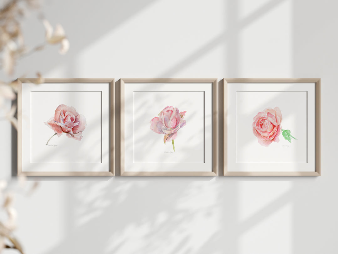Prinst van roze rozen in licht houten lijsten aan de muur