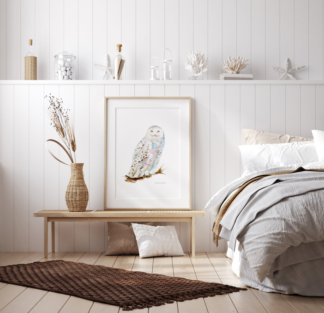 Slaapkamer met sneeuwuil poster in grote lijst