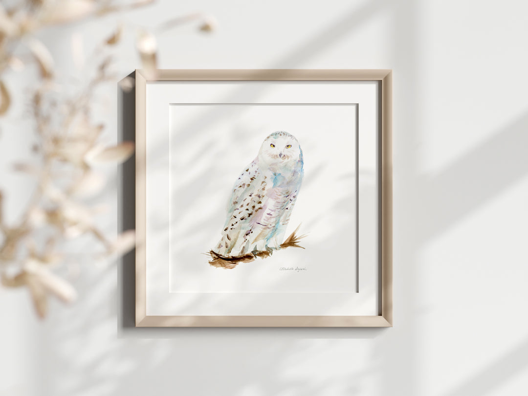 Sneeuwuil schilderij in aquarel in vierkante lijst