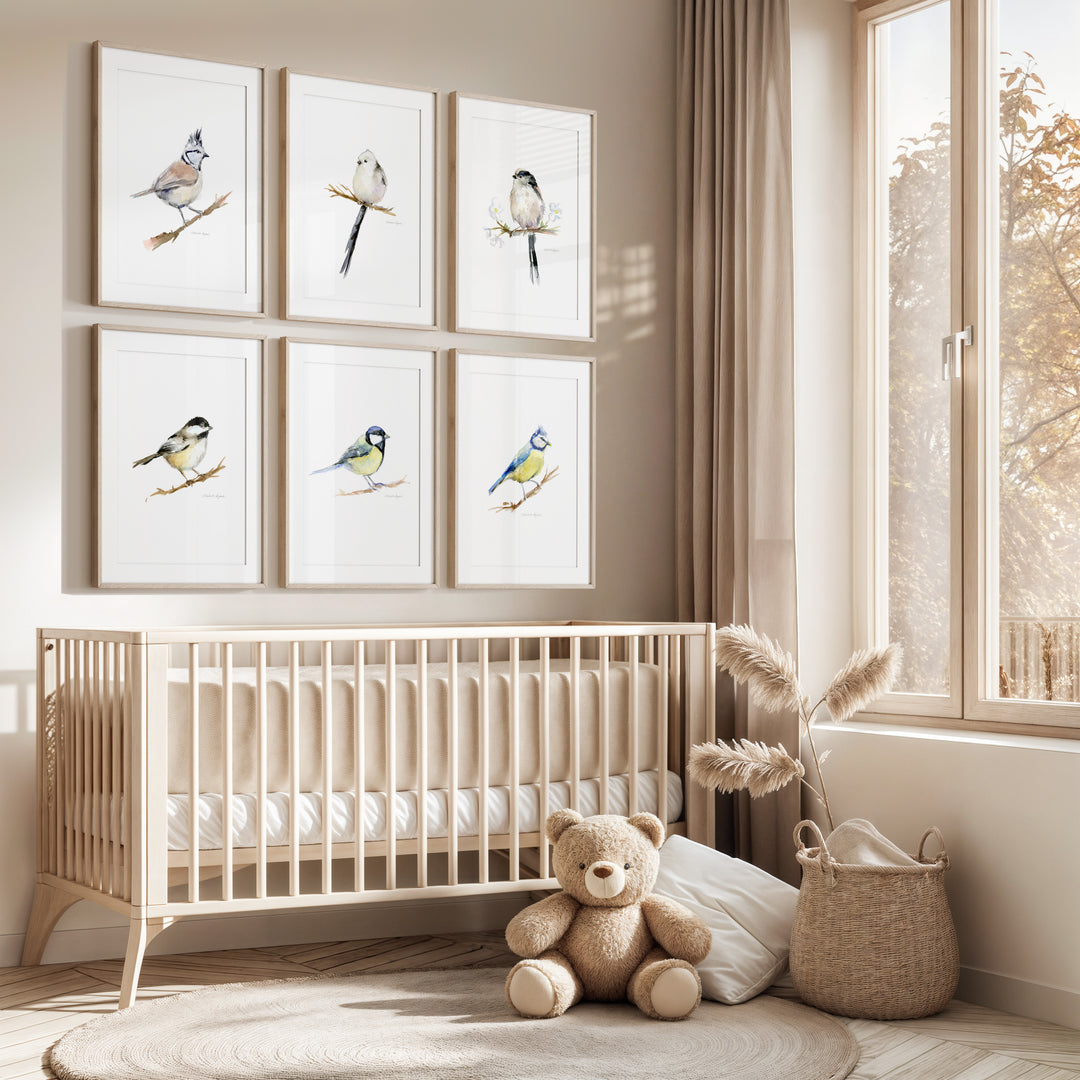 Nursery room with wooden crib, teddy bear, and framed tit bird prints on the wall.