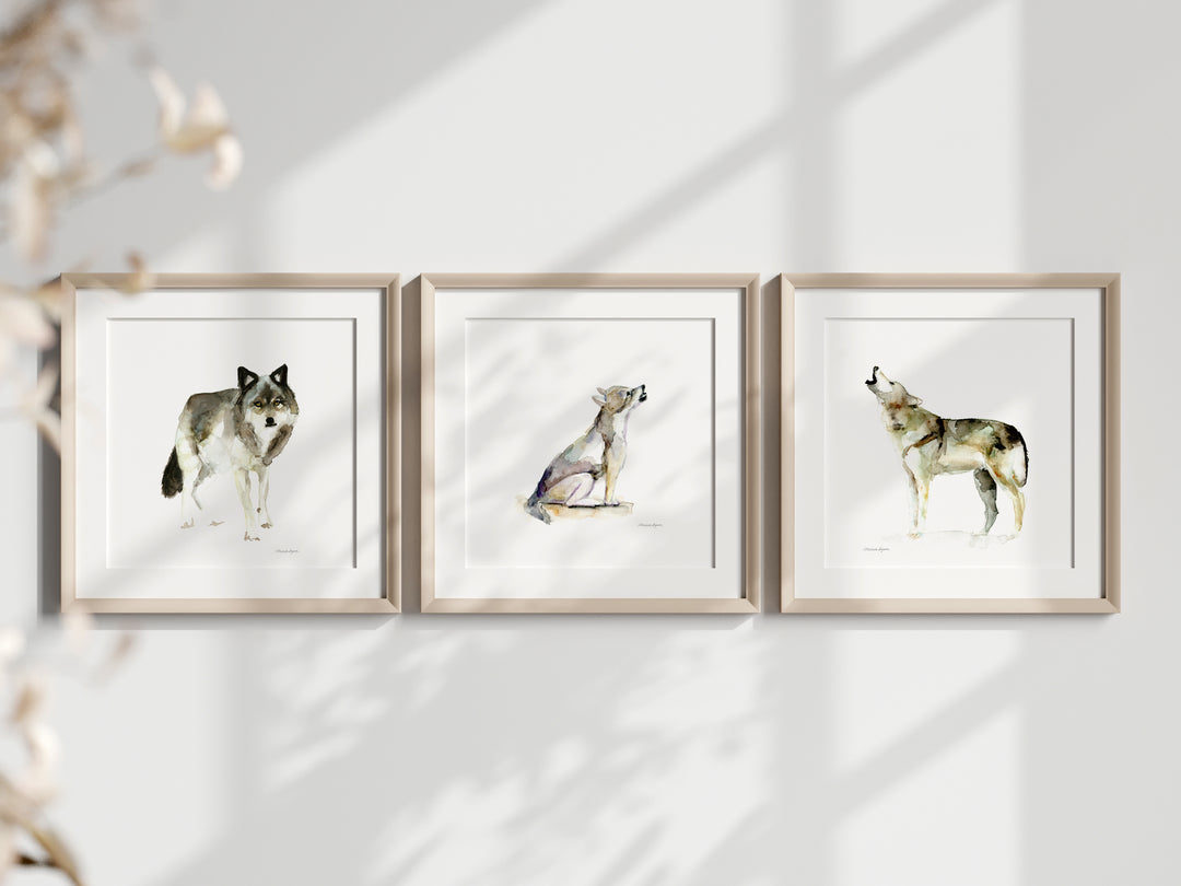 Grijze wolf, huilende wolf en wolf pup in lijst aan de muur