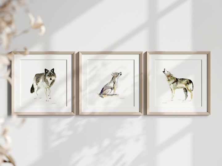 Grijze wolf, huilende wolf en wolf pup in lijst aan de muur