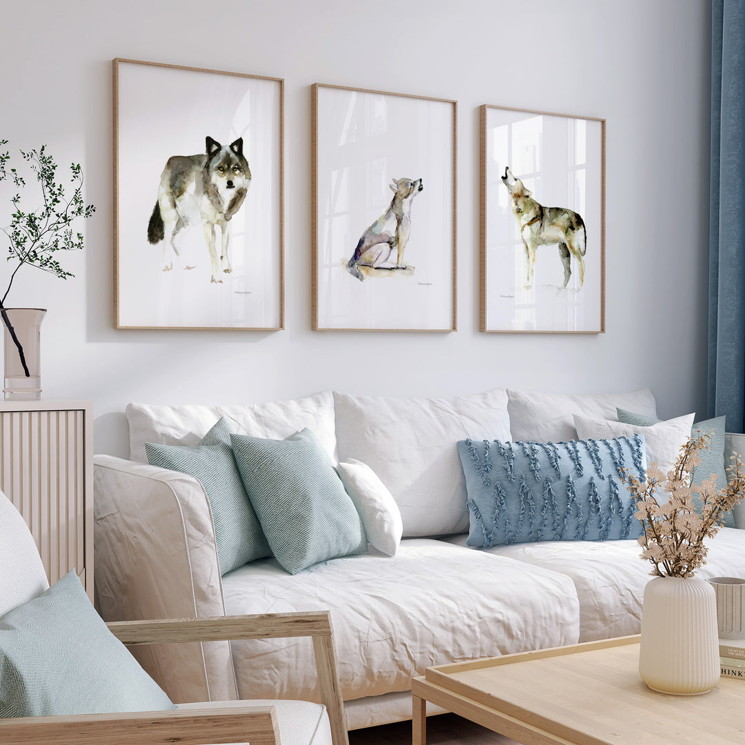 Framed Wolf art prints in romantic interior