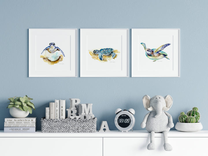Set van 3 ingelijste zeeschilpadden prints in een kinderkamer interieur